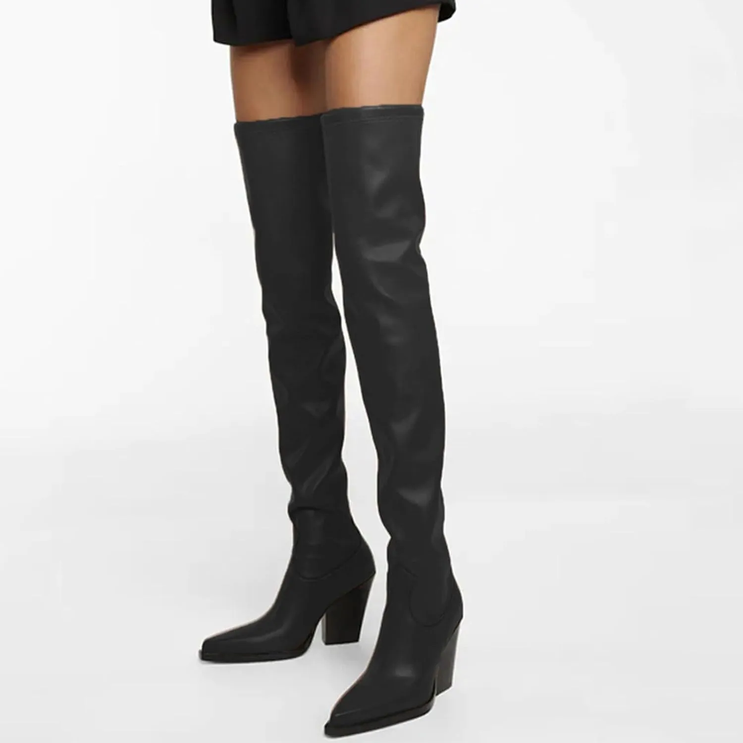 8cm Large Size Retro Thick-soled Long Boots Thick Heel Pointed Toe Ladies Genuine Leather Over the Knee Boots