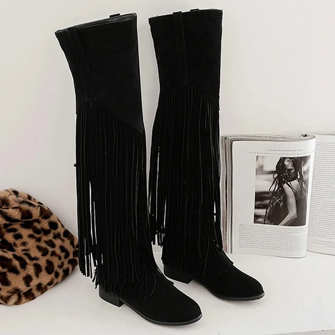 Agodor Women's Low Heel Thigh High Wide Calf Boots with Fringe Zip up Over The Knee Boots