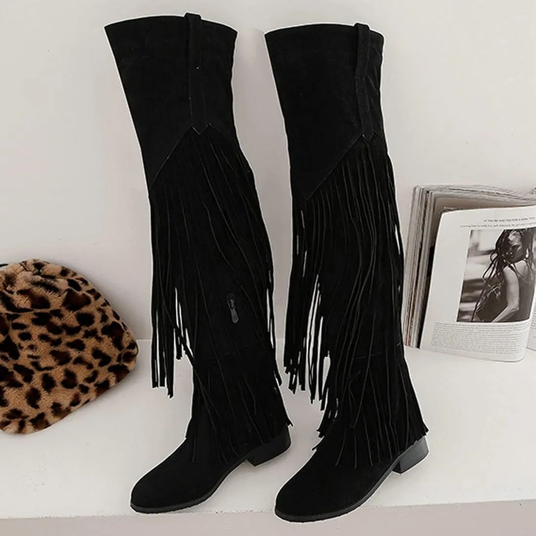 Agodor Women's Low Heel Thigh High Wide Calf Boots with Fringe Zip up Over The Knee Boots