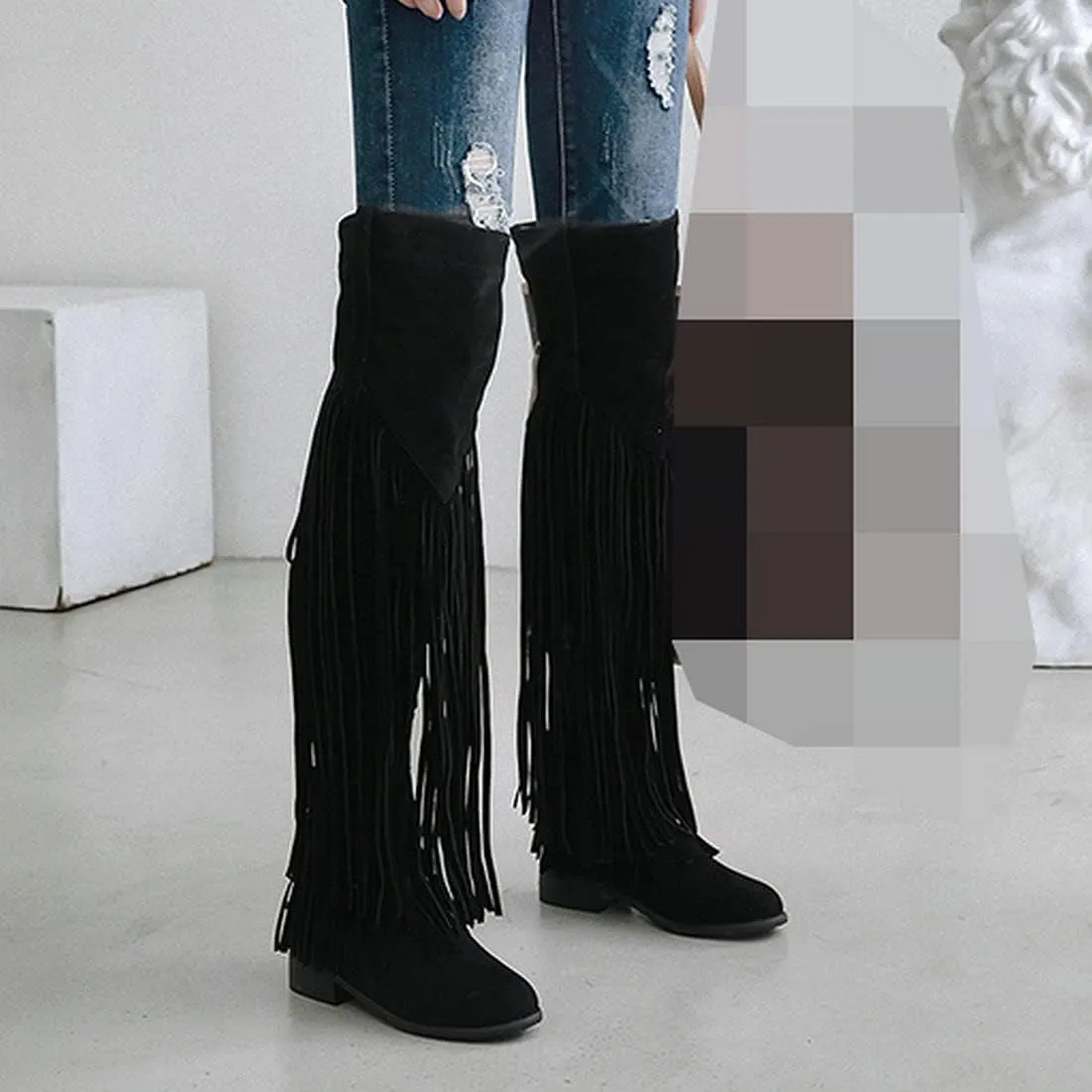 Agodor Women's Low Heel Thigh High Wide Calf Boots with Fringe Zip up Over The Knee Boots