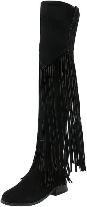 Agodor Women's Low Heel Thigh High Wide Calf Boots with Fringe Zip up Over The Knee Boots