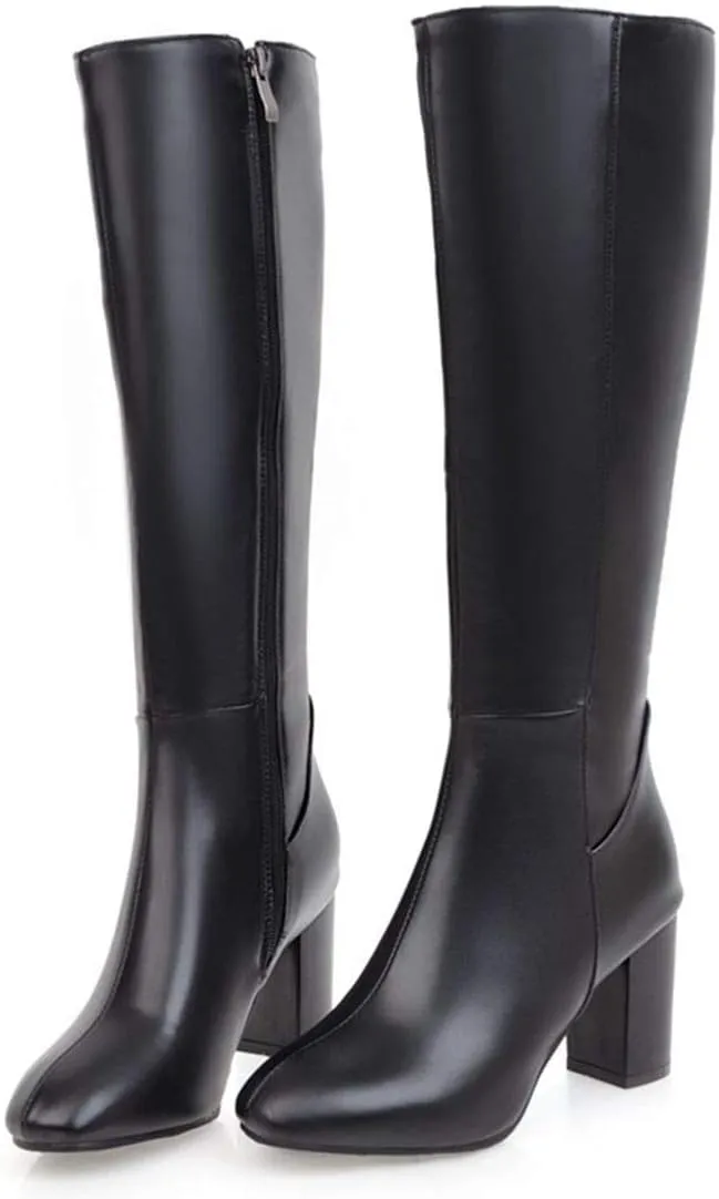 AIMODOR Womens Knee High Heeled Riding Boots Chunky Heel With Zip Up