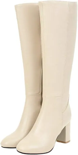 AIMODOR Womens Knee High Heeled Riding Boots Chunky Heel With Zip Up