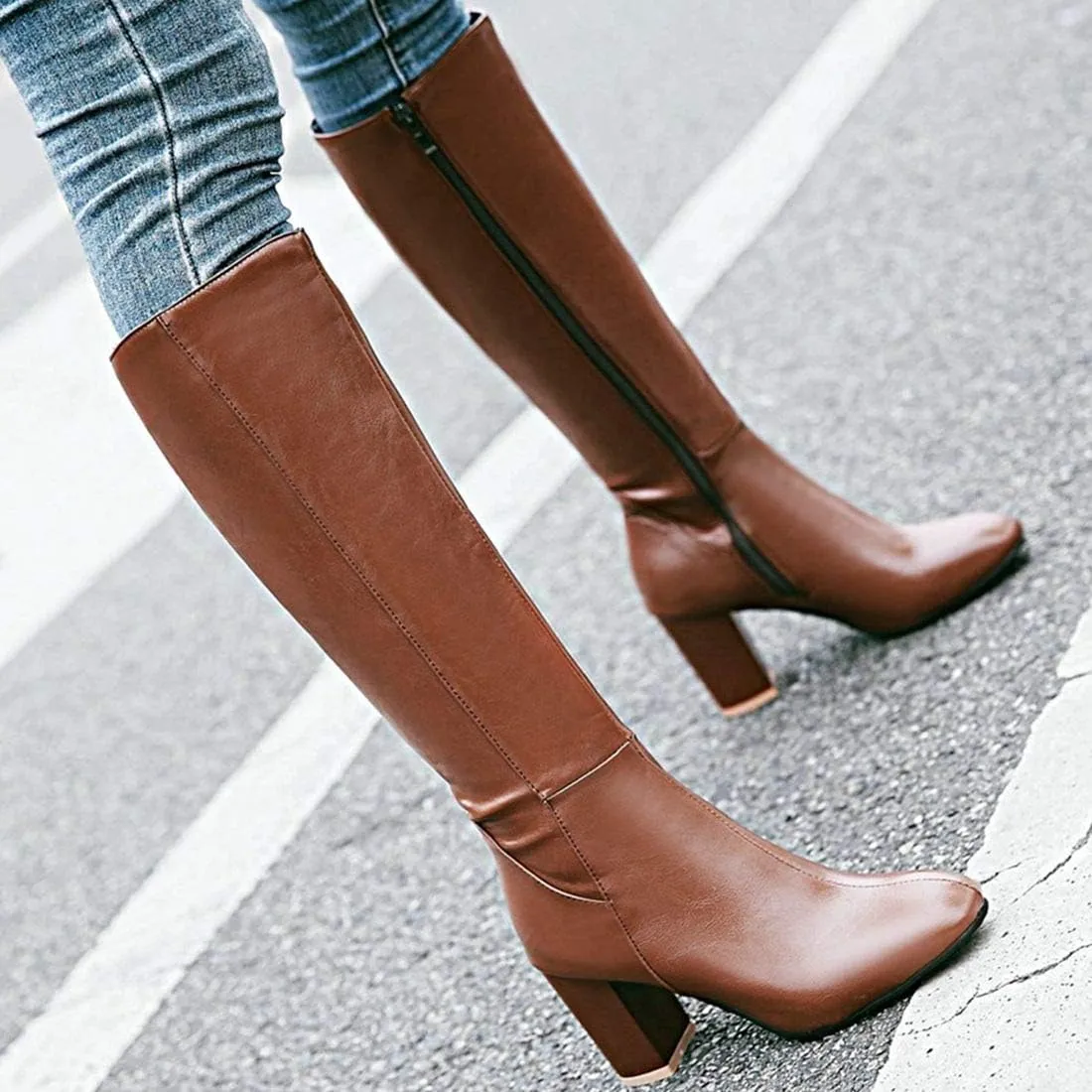 AIMODOR Womens Knee High Heeled Riding Boots Chunky Heel With Zip Up