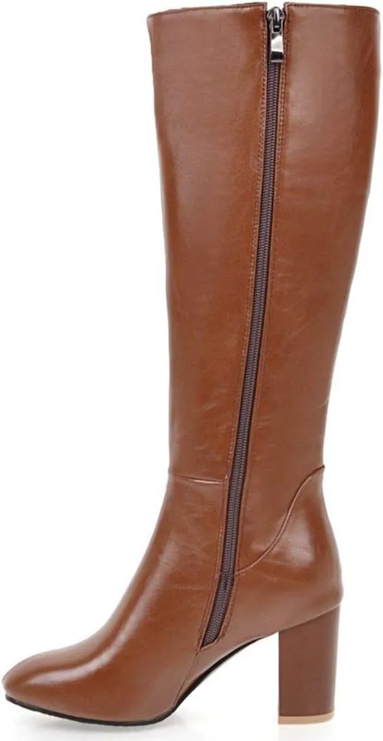 AIMODOR Womens Knee High Heeled Riding Boots Chunky Heel With Zip Up