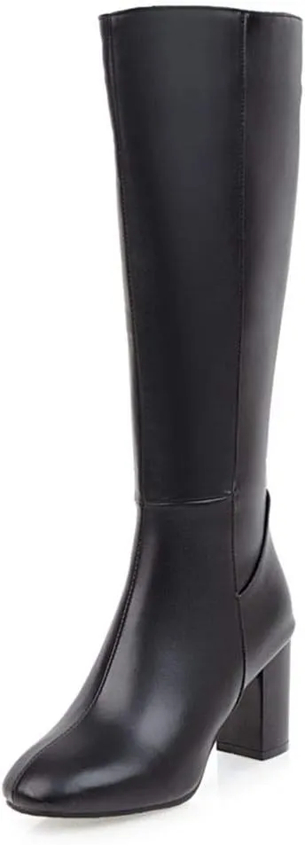 AIMODOR Womens Knee High Heeled Riding Boots Chunky Heel With Zip Up