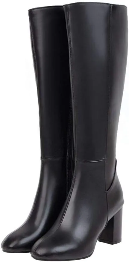 AIMODOR Womens Knee High Heeled Riding Boots Chunky Heel With Zip Up