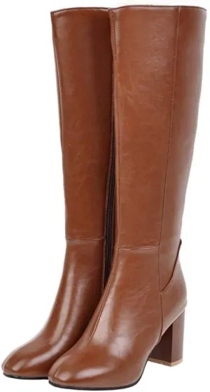 AIMODOR Womens Knee High Heeled Riding Boots Chunky Heel With Zip Up