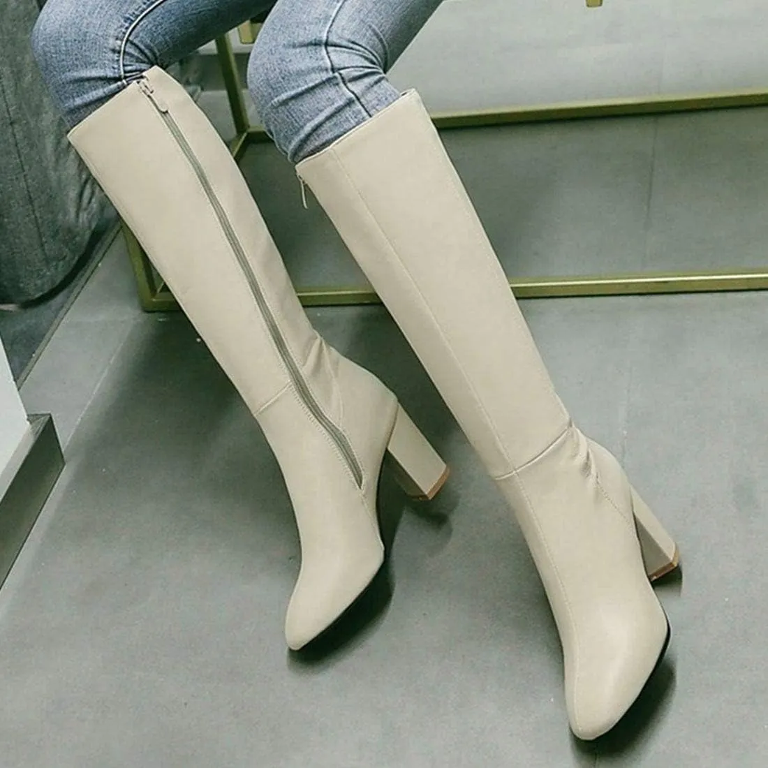 AIMODOR Womens Knee High Heeled Riding Boots Chunky Heel With Zip Up