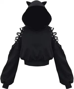 Aniywn Teen Girls Hoodies Cute Cat Ear Crop Top Gothic Hooded Sweatshirt Women Casual Long Sleeve Pullover Hodies