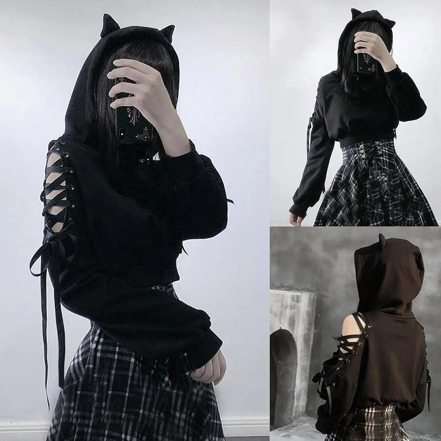 Aniywn Teen Girls Hoodies Cute Cat Ear Crop Top Gothic Hooded Sweatshirt Women Casual Long Sleeve Pullover Hodies