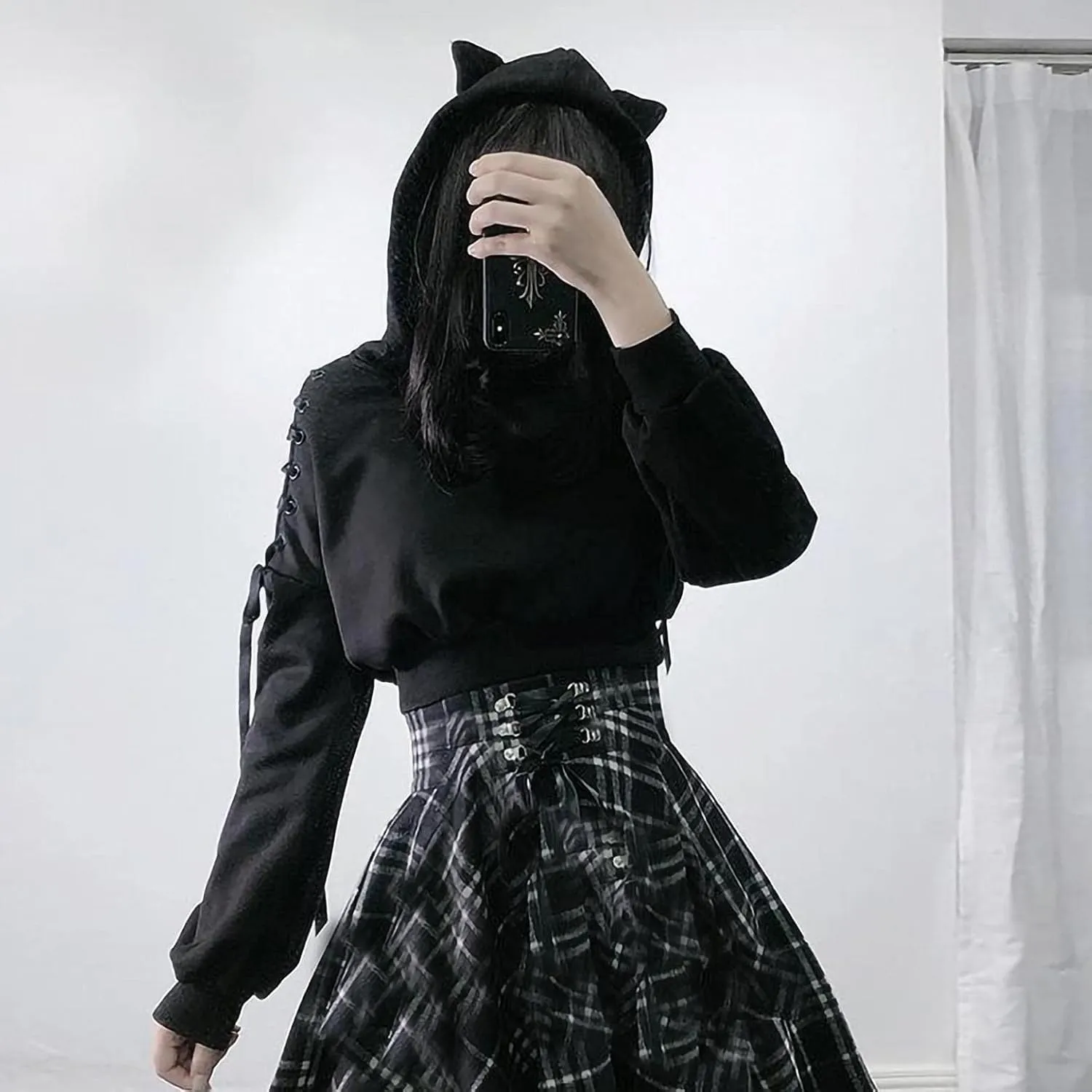 Aniywn Teen Girls Hoodies Cute Cat Ear Crop Top Gothic Hooded Sweatshirt Women Casual Long Sleeve Pullover Hodies