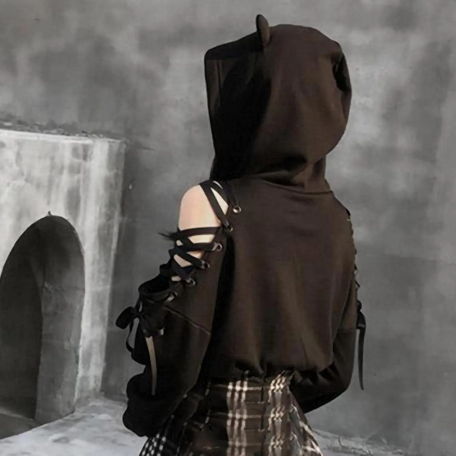 Aniywn Teen Girls Hoodies Cute Cat Ear Crop Top Gothic Hooded Sweatshirt Women Casual Long Sleeve Pullover Hodies