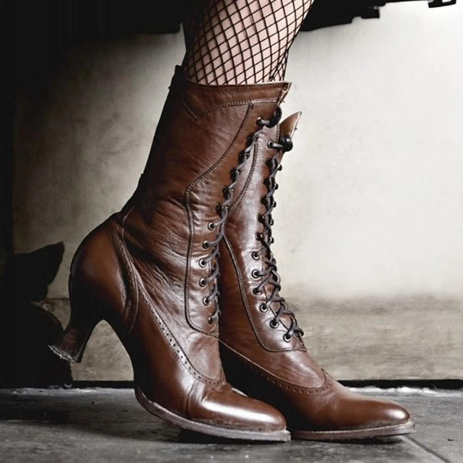 Ankle Boots for Women Mid Calf Boots for Women Fall and Winter Fashion Pointed Toe Square Heel Lace Up Mid Calf Boots