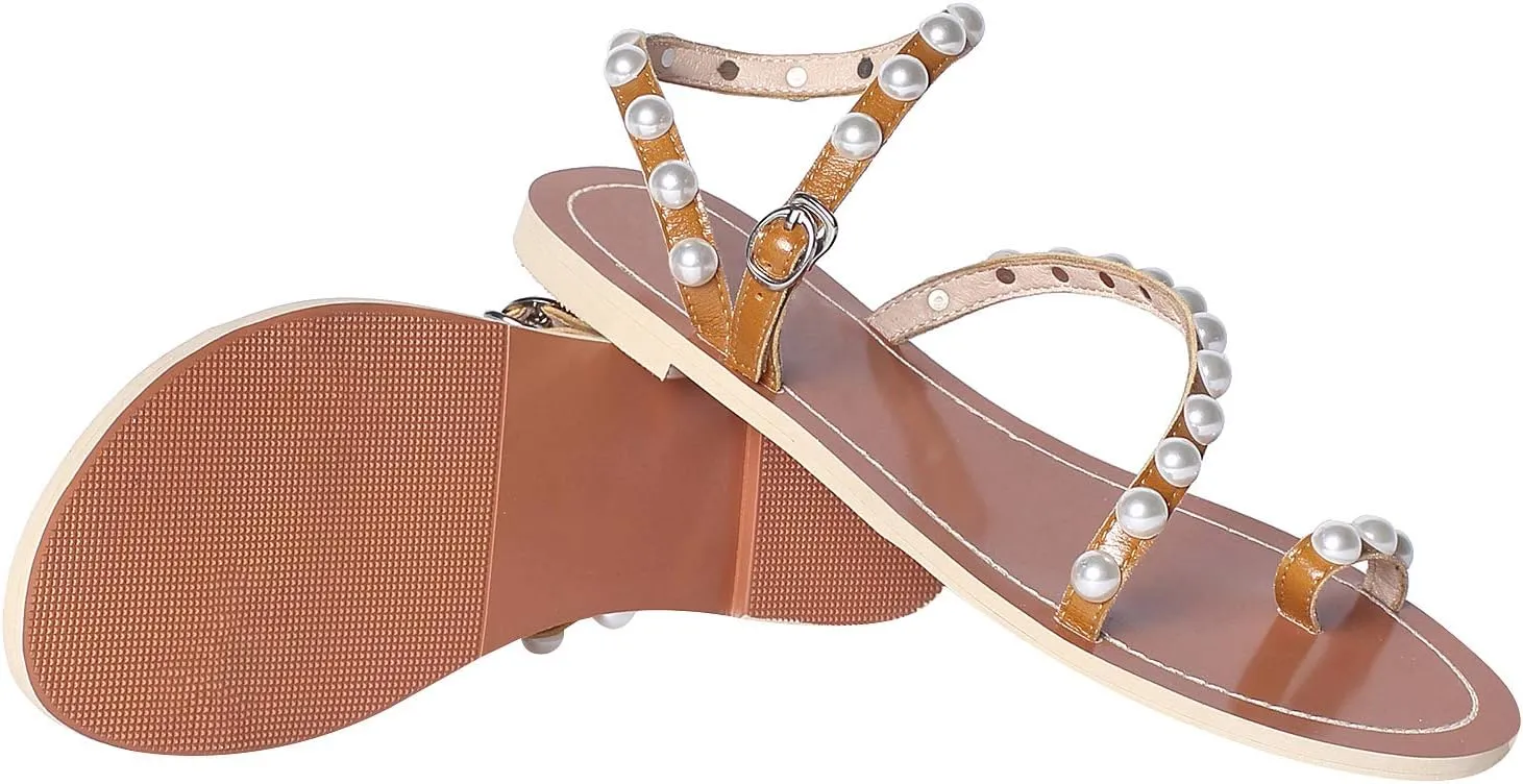 ANUFER Women's Bohemia Pearls Toe Ring Sandals/Slippers Summer Flat Flip Flops Beach Shoes