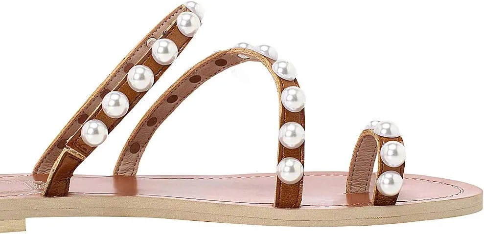 ANUFER Women's Bohemia Pearls Toe Ring Sandals/Slippers Summer Flat Flip Flops Beach Shoes