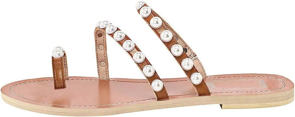 ANUFER Women's Bohemia Pearls Toe Ring Sandals/Slippers Summer Flat Flip Flops Beach Shoes