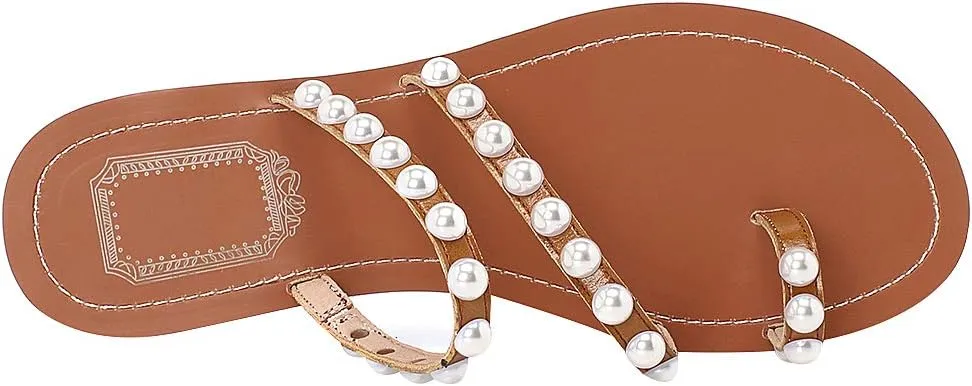 ANUFER Women's Bohemia Pearls Toe Ring Sandals/Slippers Summer Flat Flip Flops Beach Shoes