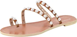 ANUFER Women's Bohemia Pearls Toe Ring Sandals/Slippers Summer Flat Flip Flops Beach Shoes