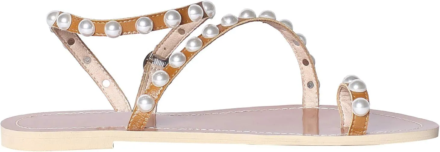 ANUFER Women's Bohemia Pearls Toe Ring Sandals/Slippers Summer Flat Flip Flops Beach Shoes