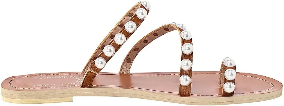 ANUFER Women's Bohemia Pearls Toe Ring Sandals/Slippers Summer Flat Flip Flops Beach Shoes