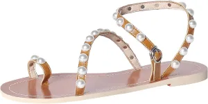 ANUFER Women's Bohemia Pearls Toe Ring Sandals/Slippers Summer Flat Flip Flops Beach Shoes