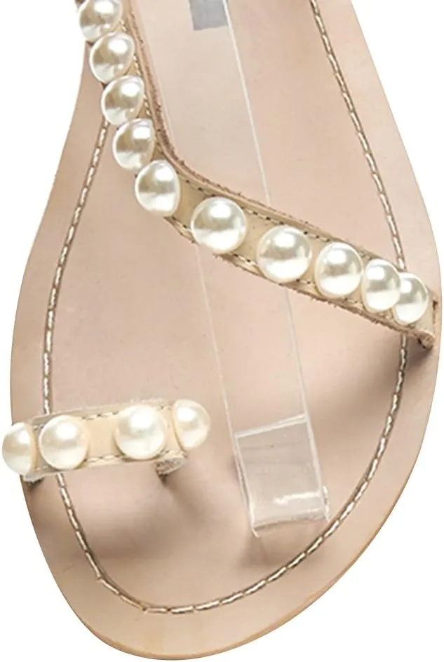 ANUFER Women's Bohemia Pearls Toe Ring Sandals/Slippers Summer Flat Flip Flops Beach Shoes