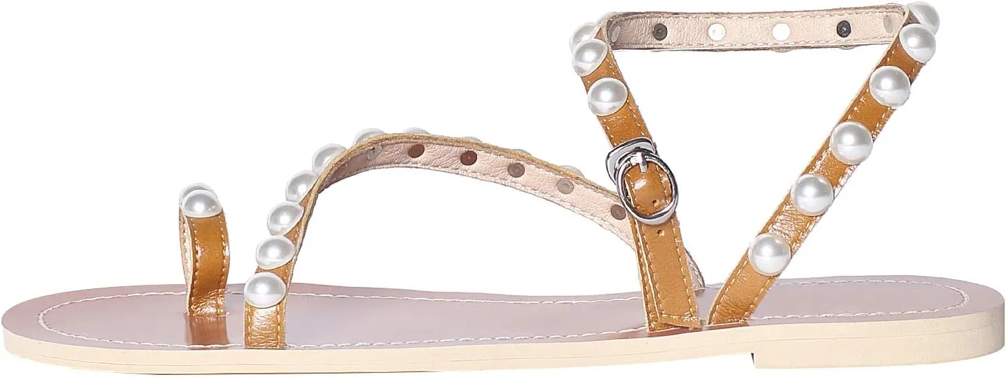 ANUFER Women's Bohemia Pearls Toe Ring Sandals/Slippers Summer Flat Flip Flops Beach Shoes