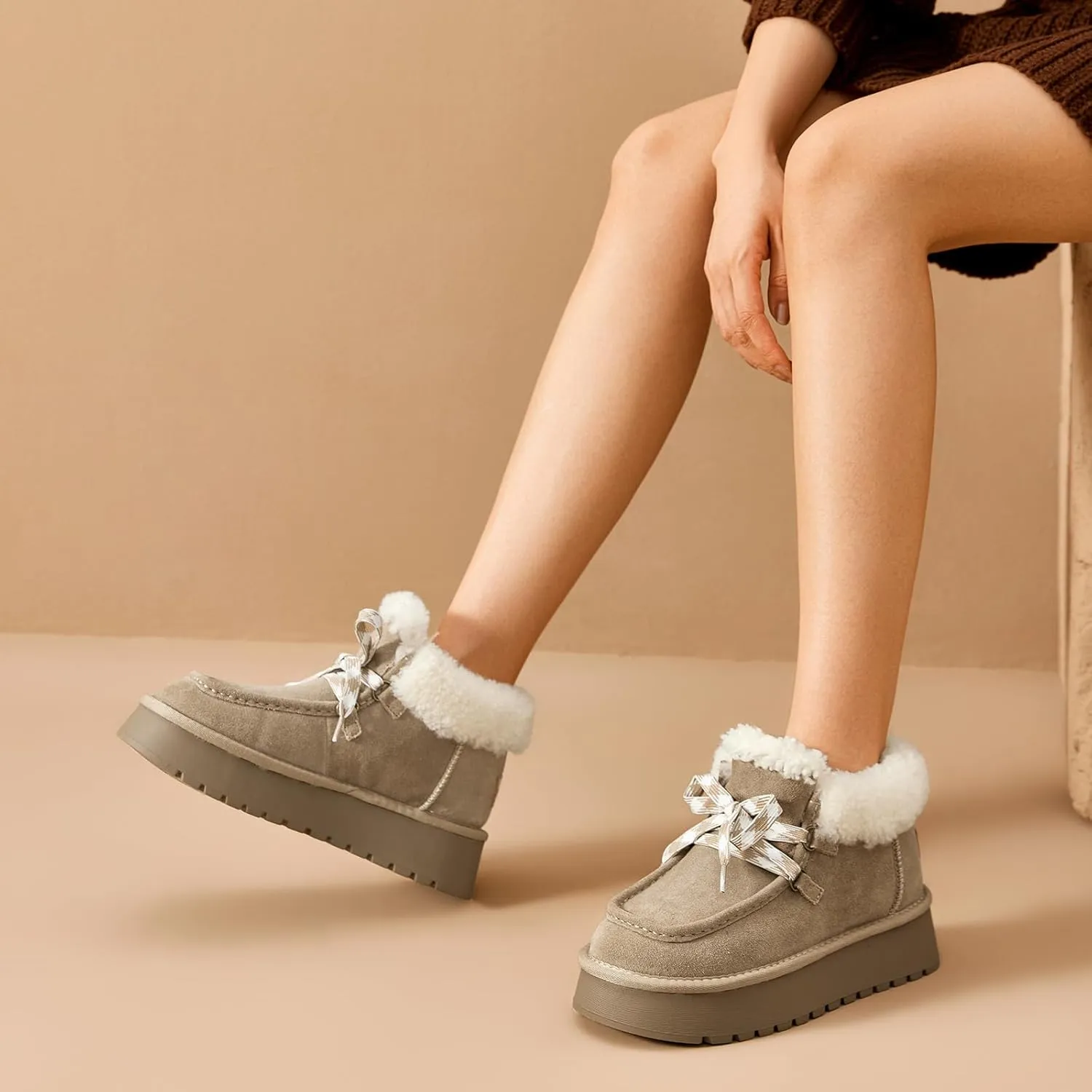 BEAU TODAY Womens Winter Snow Boots, Fur Lined Ankle Booties for Women Warm Boots, Chunky Platform Lace-up Boots Shoes Suede Leather Non-slip Warm Winter Shoes