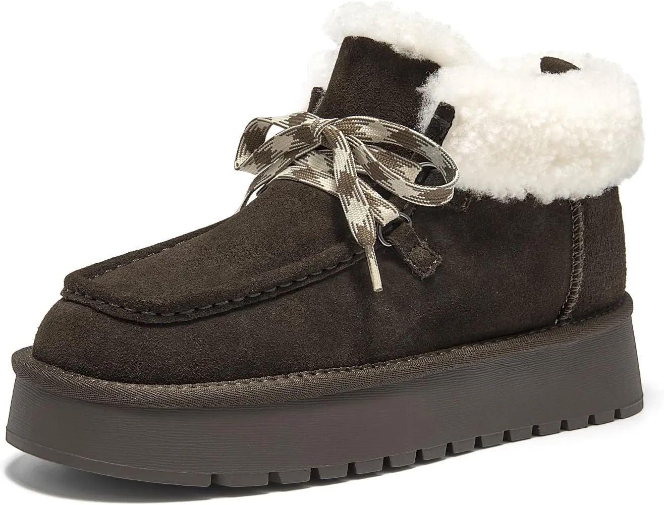 BEAU TODAY Womens Winter Snow Boots, Fur Lined Ankle Booties for Women Warm Boots, Chunky Platform Lace-up Boots Shoes Suede Leather Non-slip Warm Winter Shoes