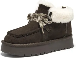 BEAU TODAY Womens Winter Snow Boots, Fur Lined Ankle Booties for Women Warm Boots, Chunky Platform Lace-up Boots Shoes Suede Leather Non-slip Warm Winter Shoes