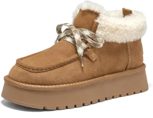 BEAU TODAY Womens Winter Snow Boots, Fur Lined Ankle Booties for Women Warm Boots, Chunky Platform Lace-up Boots Shoes Suede Leather Non-slip Warm Winter Shoes
