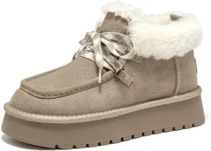 BEAU TODAY Womens Winter Snow Boots, Fur Lined Ankle Booties for Women Warm Boots, Chunky Platform Lace-up Boots Shoes Suede Leather Non-slip Warm Winter Shoes