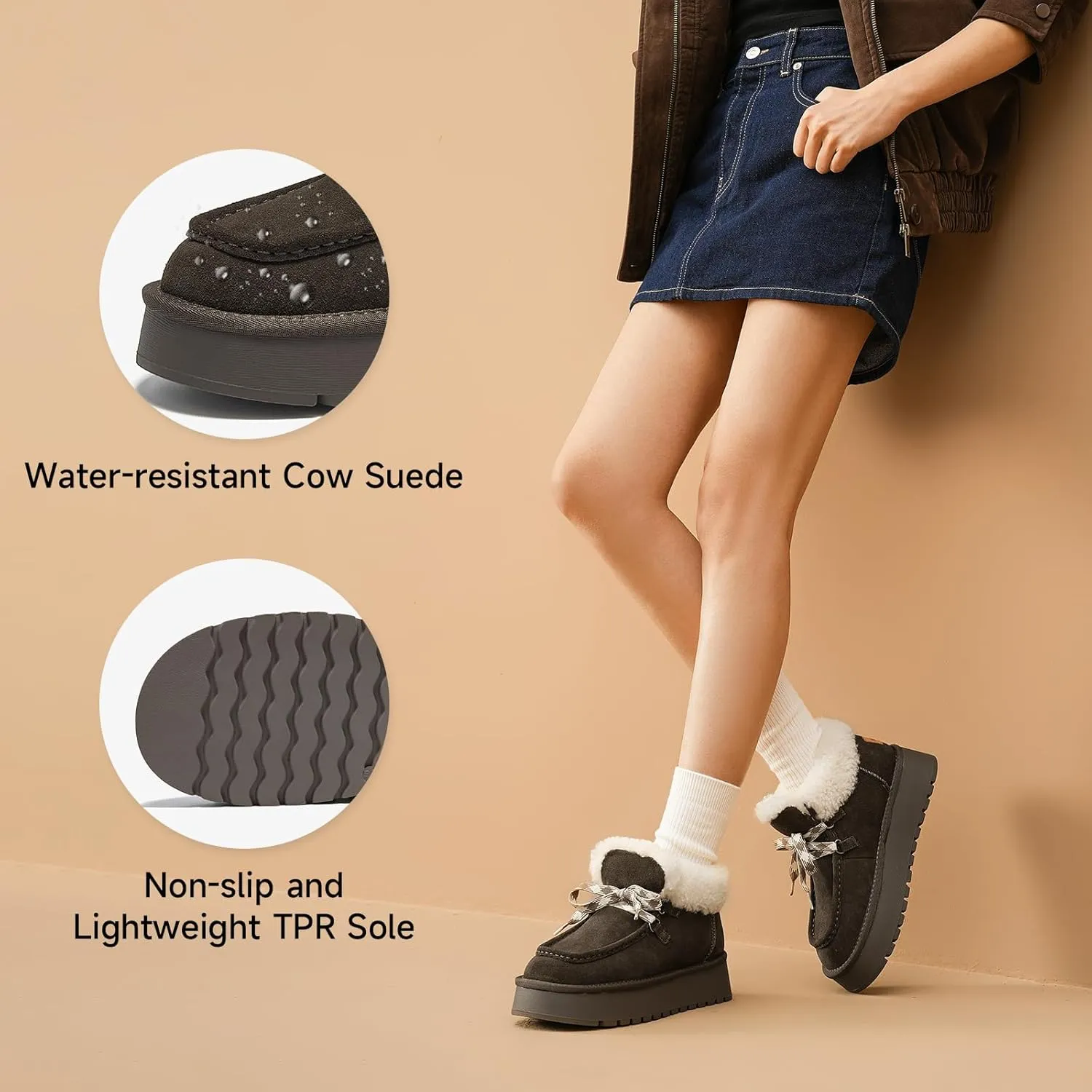 BEAU TODAY Womens Winter Snow Boots, Fur Lined Ankle Booties for Women Warm Boots, Chunky Platform Lace-up Boots Shoes Suede Leather Non-slip Warm Winter Shoes