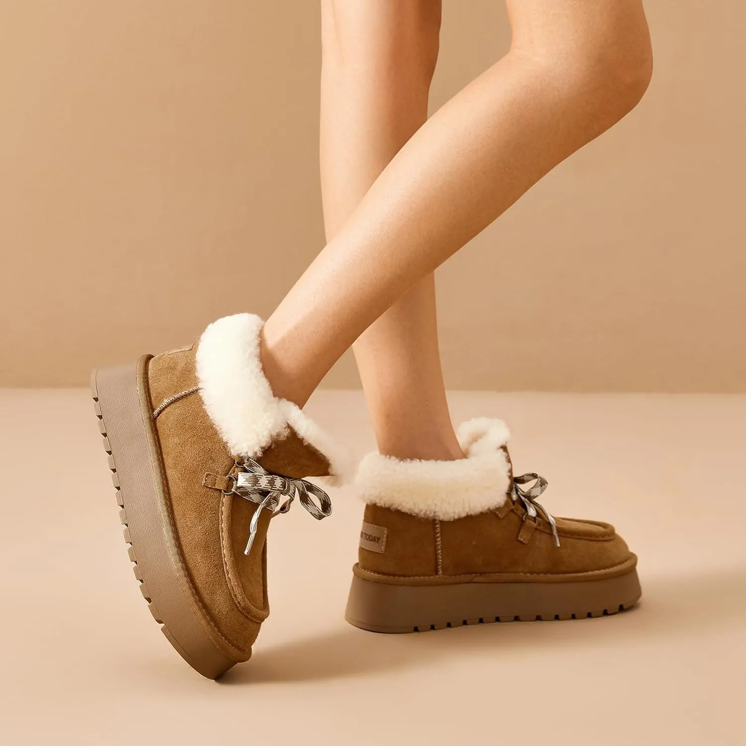 BEAU TODAY Womens Winter Snow Boots, Fur Lined Ankle Booties for Women Warm Boots, Chunky Platform Lace-up Boots Shoes Suede Leather Non-slip Warm Winter Shoes
