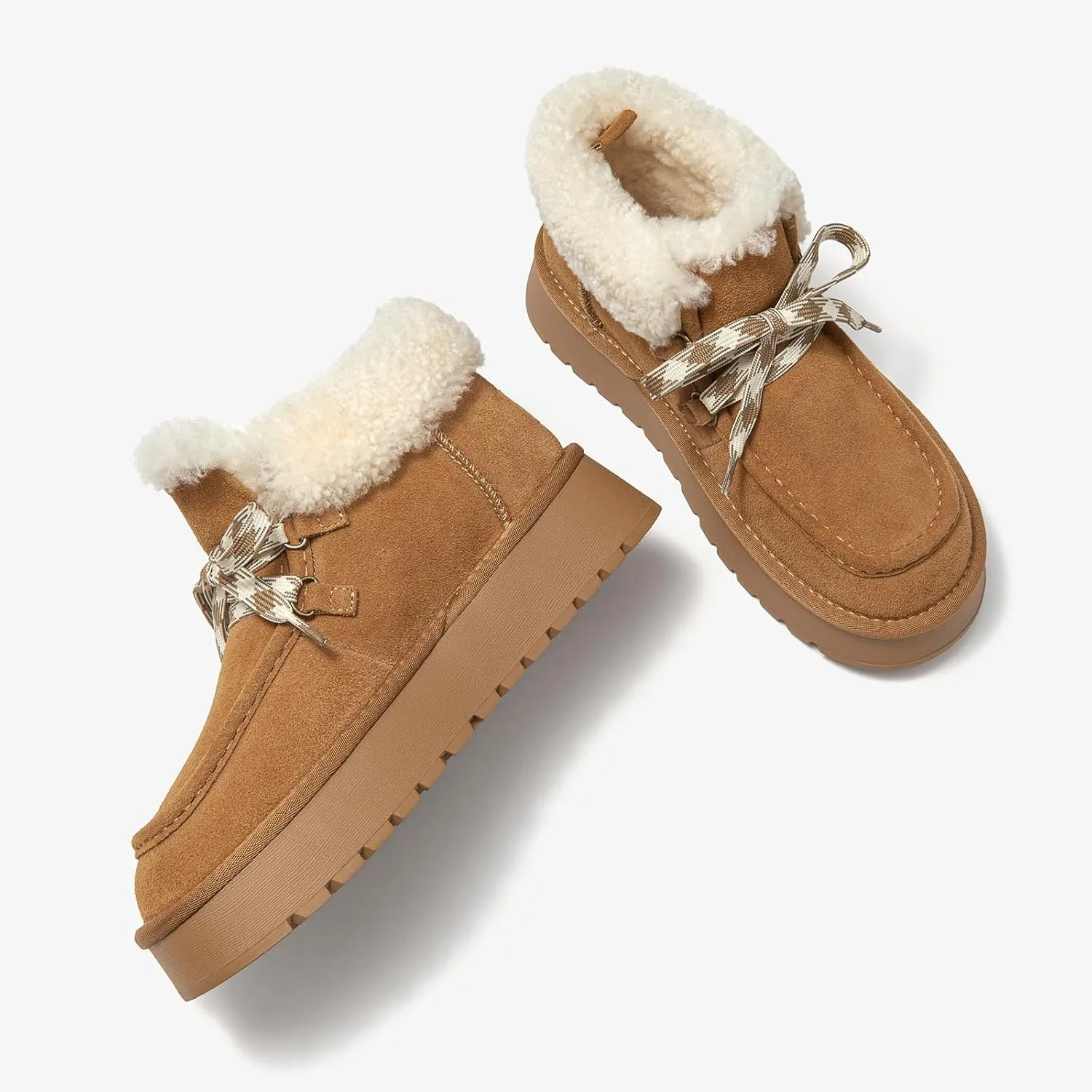 BEAU TODAY Womens Winter Snow Boots, Fur Lined Ankle Booties for Women Warm Boots, Chunky Platform Lace-up Boots Shoes Suede Leather Non-slip Warm Winter Shoes