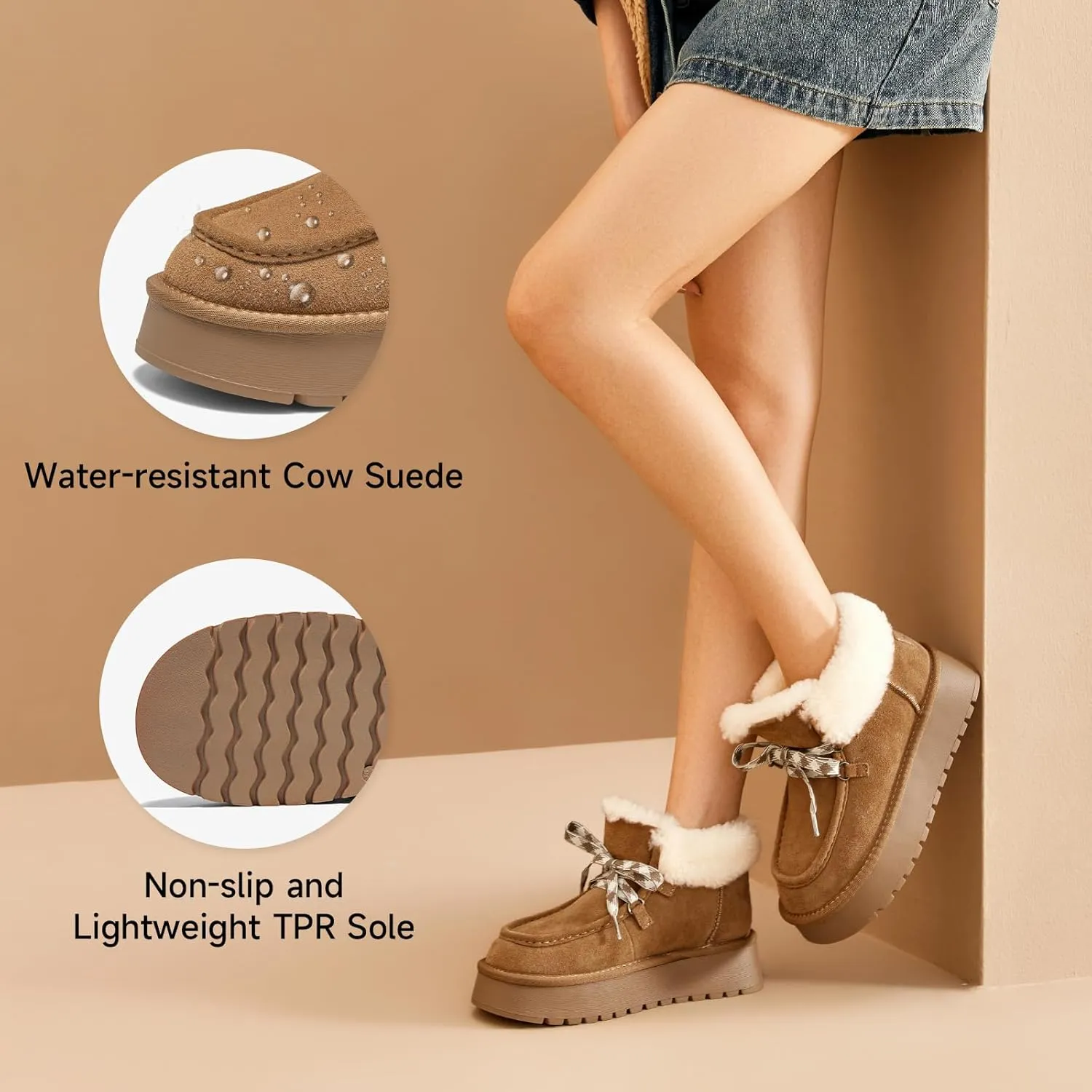 BEAU TODAY Womens Winter Snow Boots, Fur Lined Ankle Booties for Women Warm Boots, Chunky Platform Lace-up Boots Shoes Suede Leather Non-slip Warm Winter Shoes