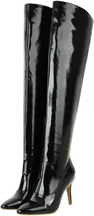 BEAUPAS Women's Patent Leather Over The Knee Boots High Heel Stiletto Booties Pointed Toe Thigh High Boots Shoes