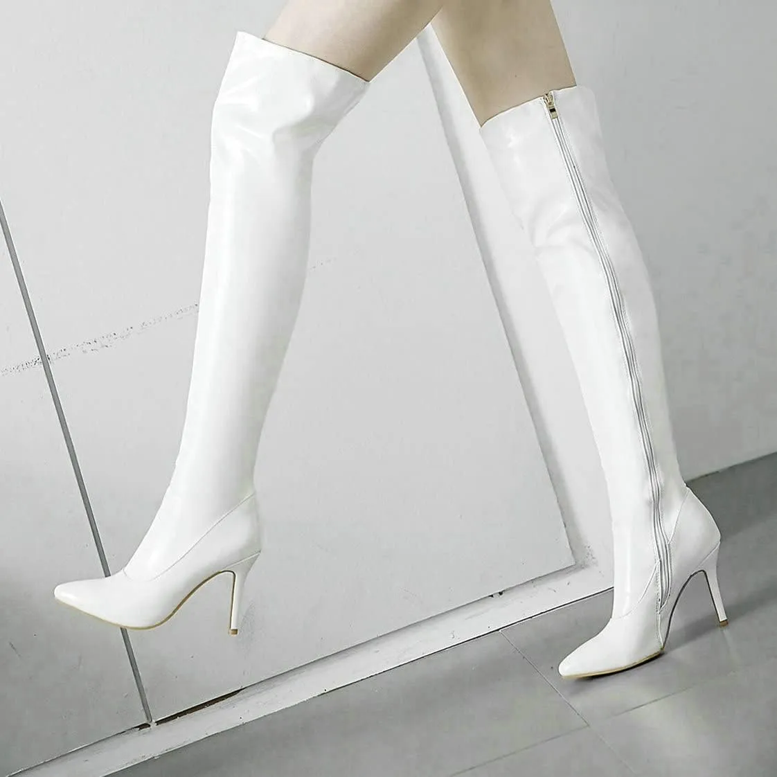 BEAUPAS Women's Patent Leather Over The Knee Boots High Heel Stiletto Booties Pointed Toe Thigh High Boots Shoes