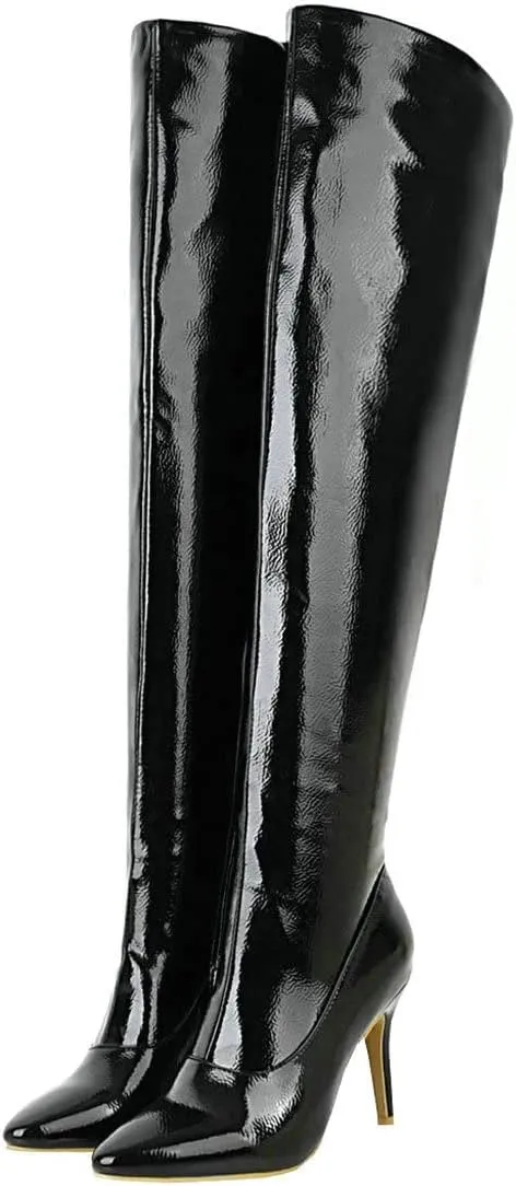 BEAUPAS Women's Patent Leather Over The Knee Boots High Heel Stiletto Booties Pointed Toe Thigh High Boots Shoes