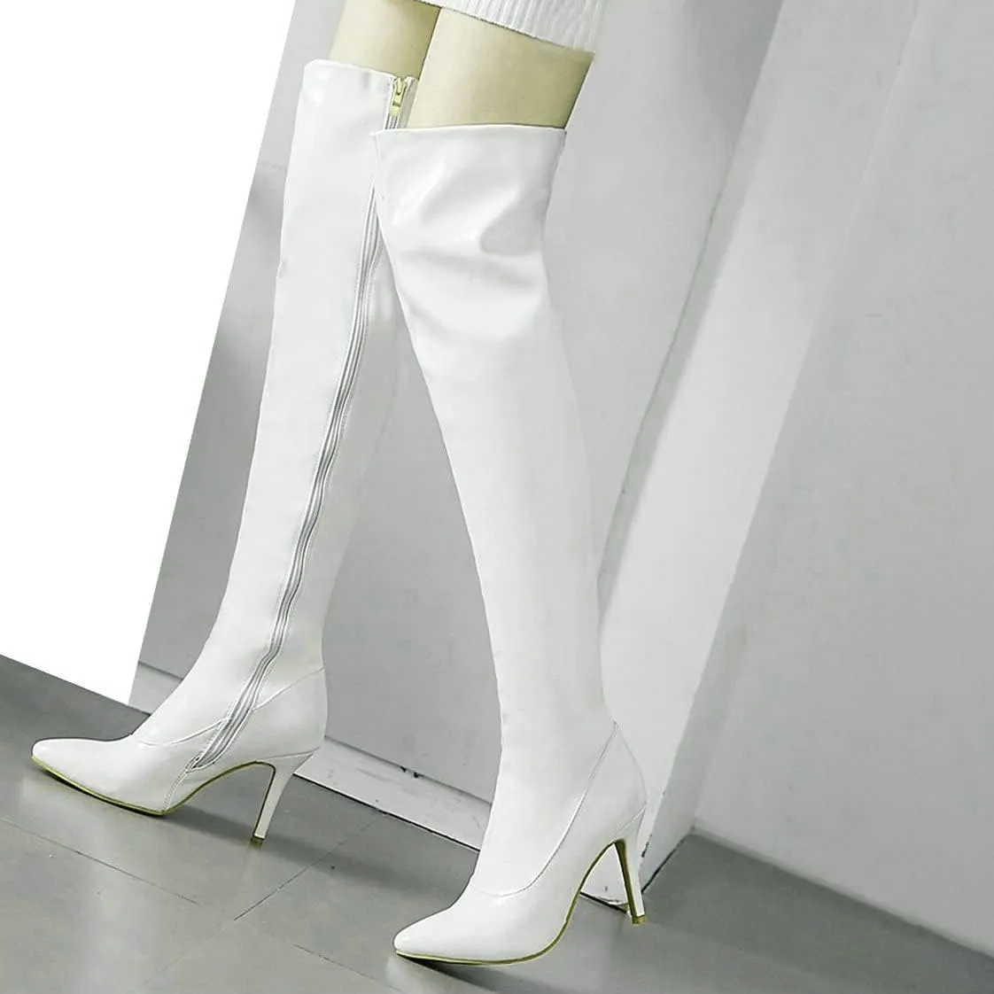 BEAUPAS Women's Patent Leather Over The Knee Boots High Heel Stiletto Booties Pointed Toe Thigh High Boots Shoes
