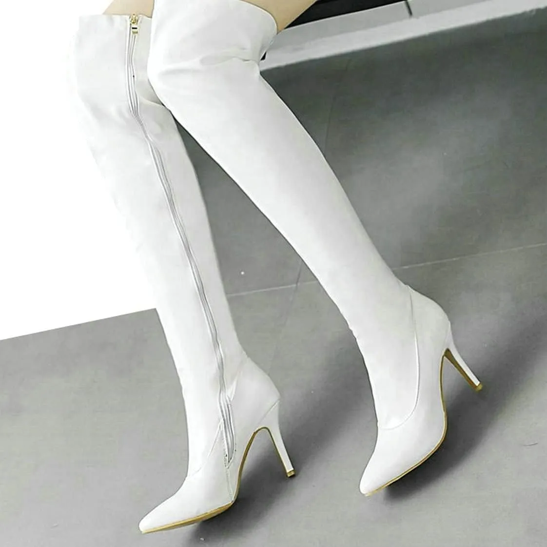 BEAUPAS Women's Patent Leather Over The Knee Boots High Heel Stiletto Booties Pointed Toe Thigh High Boots Shoes