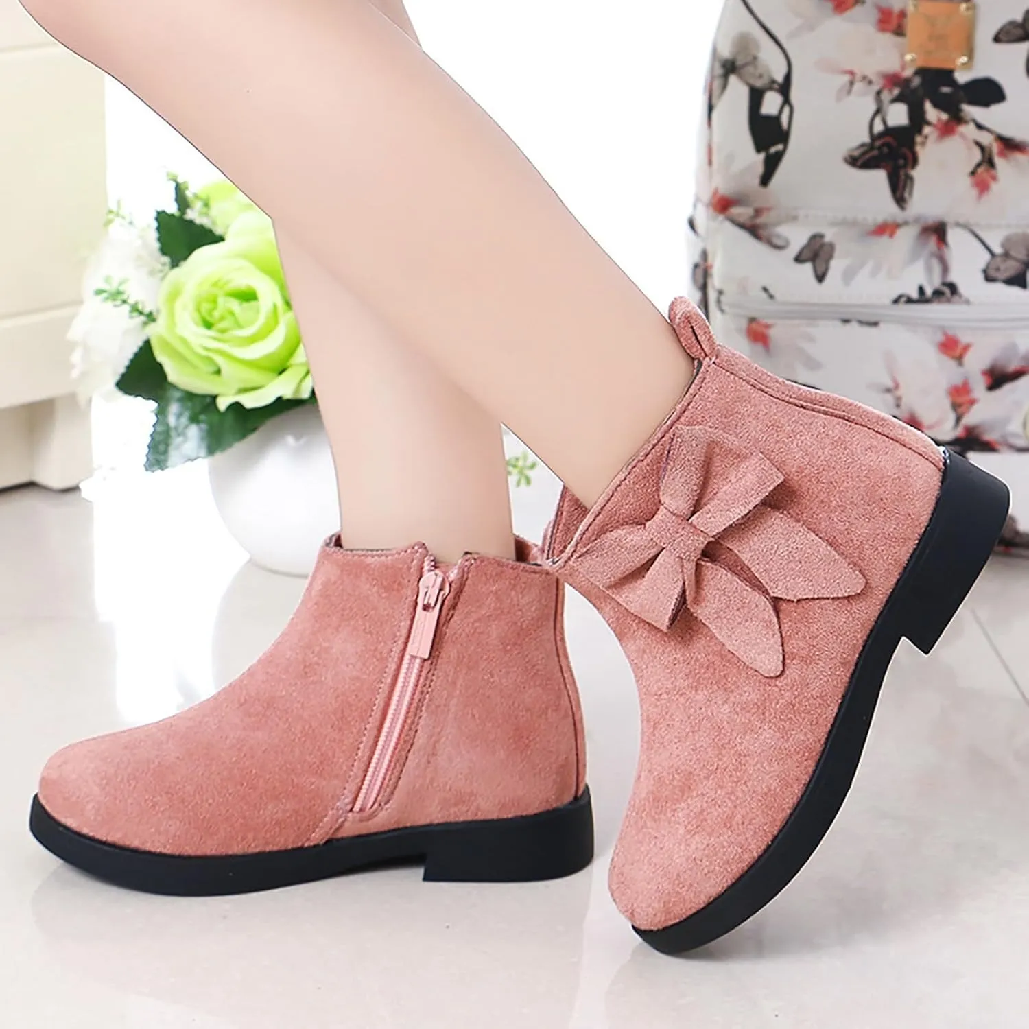 Boots for Girls Girl Non Slip Boots Kids Ankle Boots Warm Side Zipper Low Heel Short Booties Snow Outdoor Shoes