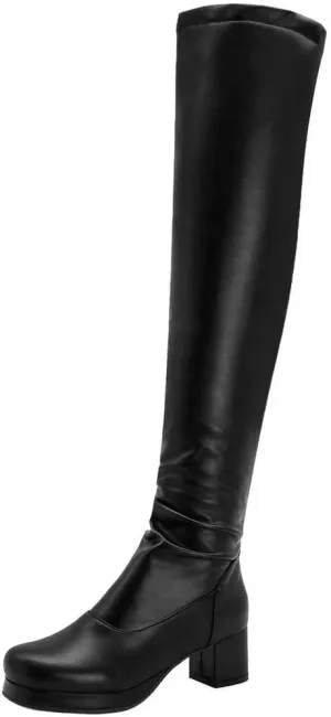 Caradise Womens Stretchy Faux Suede Thigh High Chunky Platform Over The Knee Boots