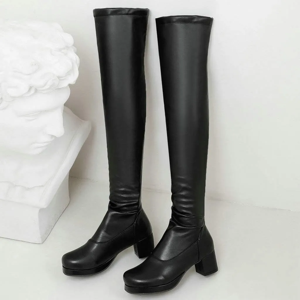 Caradise Womens Stretchy Faux Suede Thigh High Chunky Platform Over The Knee Boots