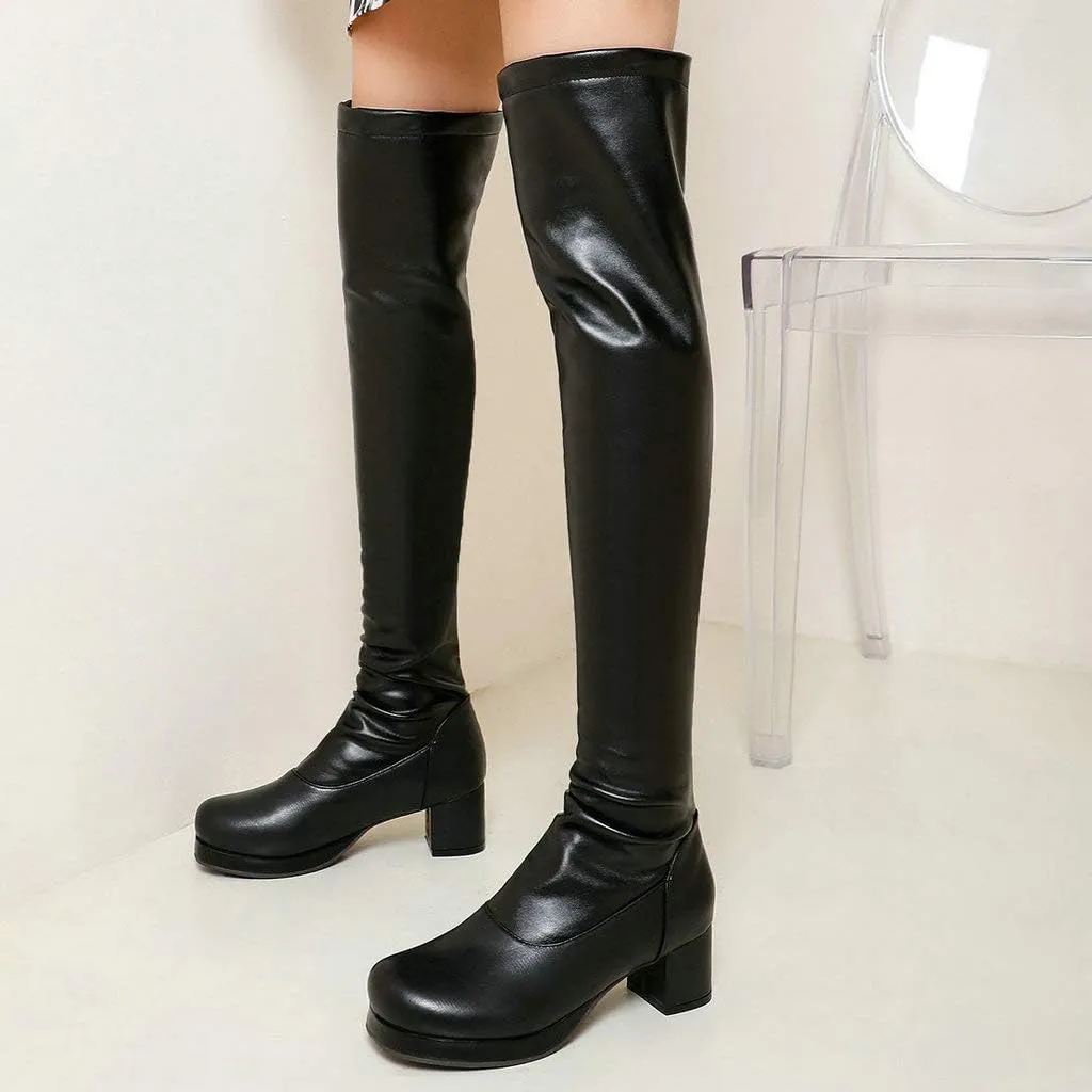 Caradise Womens Stretchy Faux Suede Thigh High Chunky Platform Over The Knee Boots