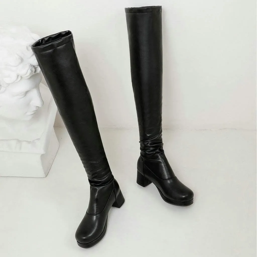 Caradise Womens Stretchy Faux Suede Thigh High Chunky Platform Over The Knee Boots