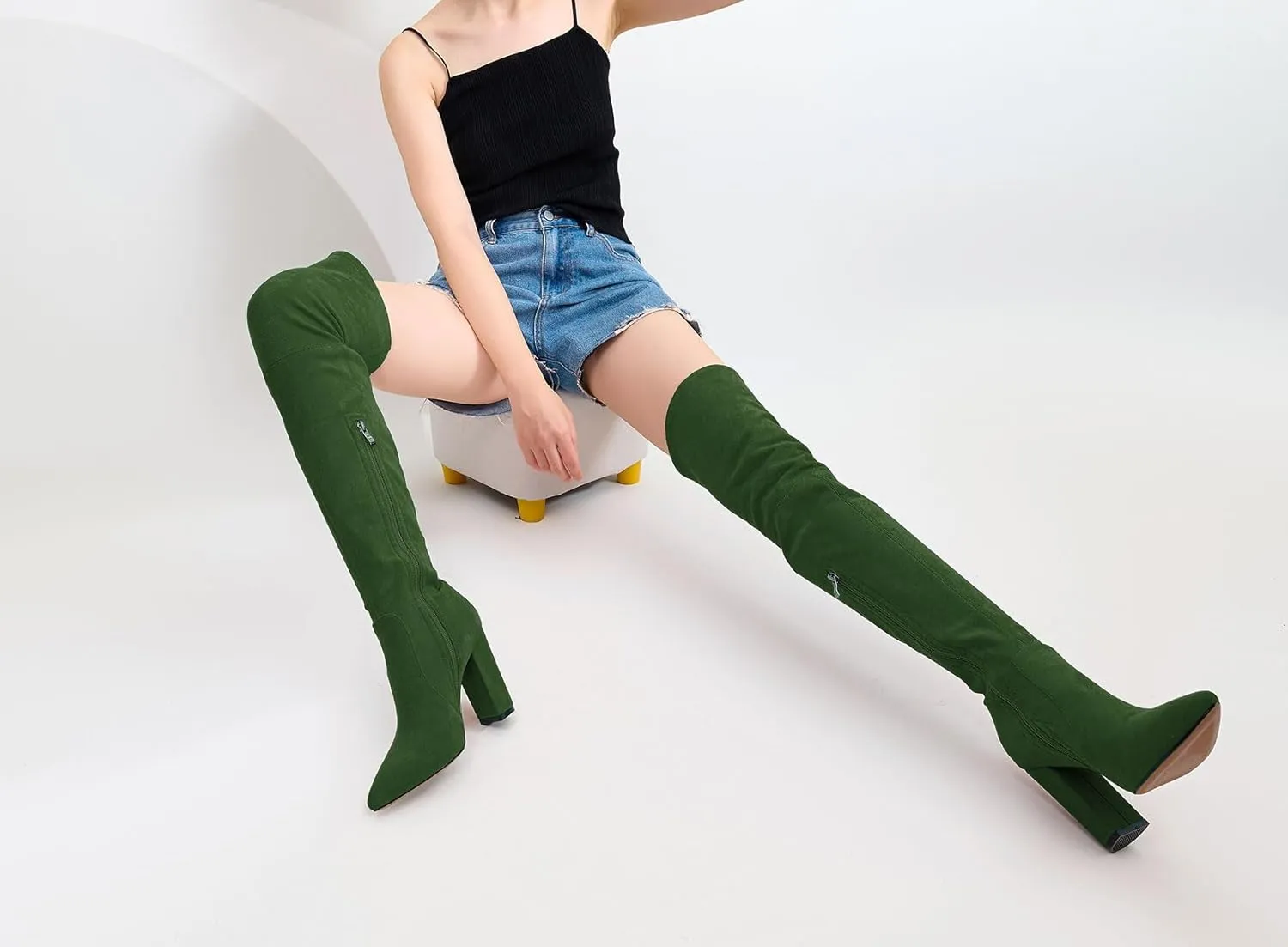 Castamere Womens High Heels Over The Knee Boots Sexy Pointy Toe Chunky Block 10CM Heel Boot with Zipper