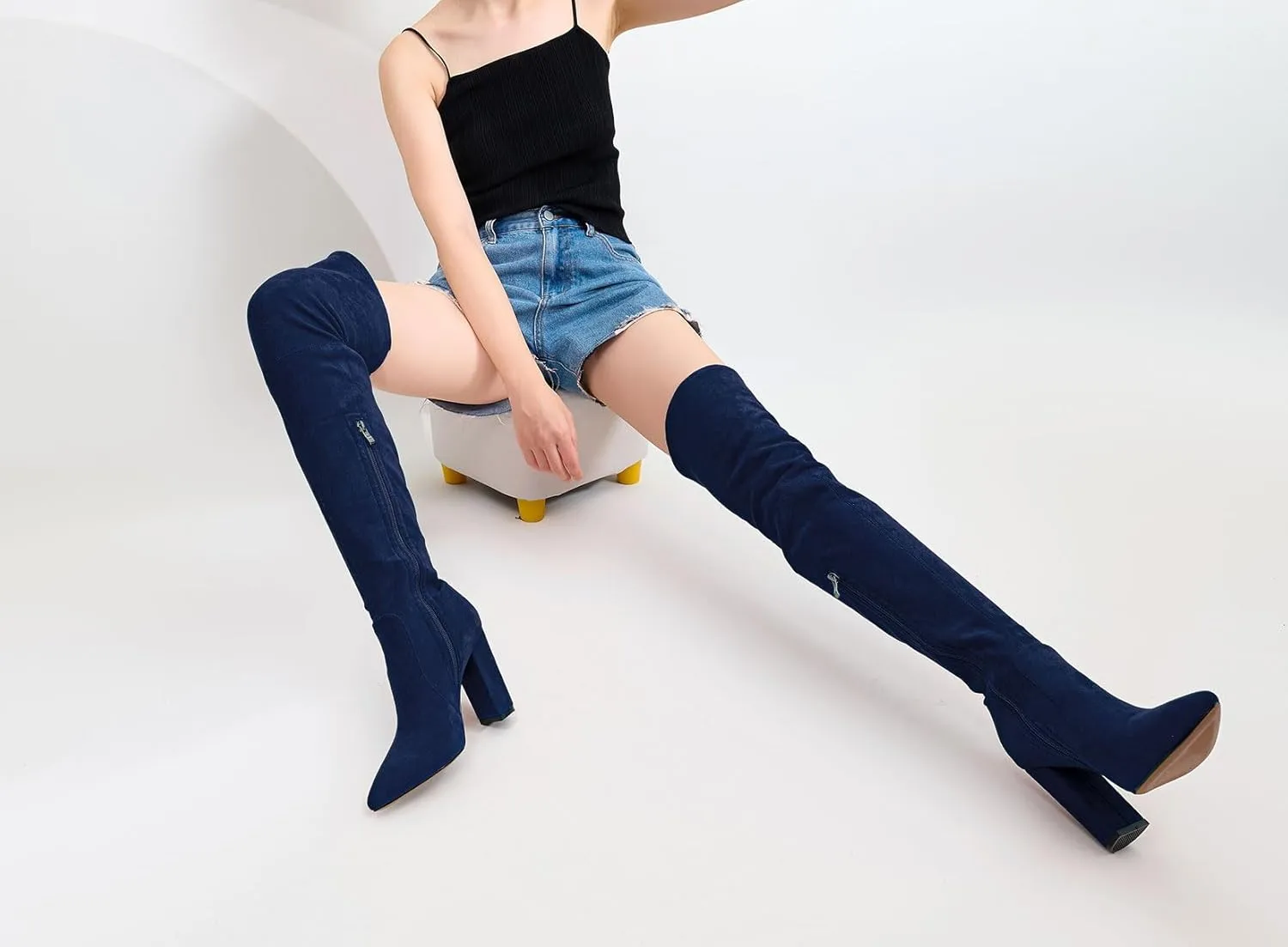 Castamere Womens High Heels Over The Knee Boots Sexy Pointy Toe Chunky Block 10CM Heel Boot with Zipper