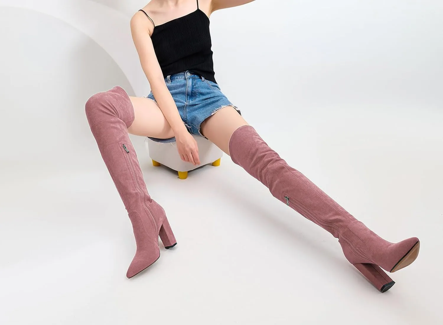 Castamere Womens High Heels Over The Knee Boots Sexy Pointy Toe Chunky Block 10CM Heel Boot with Zipper